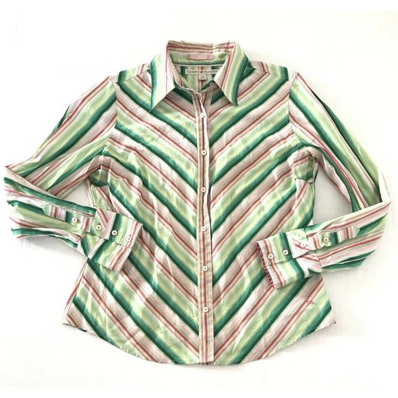 Tommy Hilfiger | Button Front Shirt Womens Size L Green Collar Cuff Cotton - Picture 7 of 12